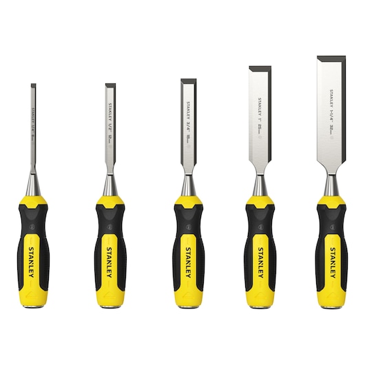 STANLEY 2-16-885 chisel set with yellow and black handles, photography on white background