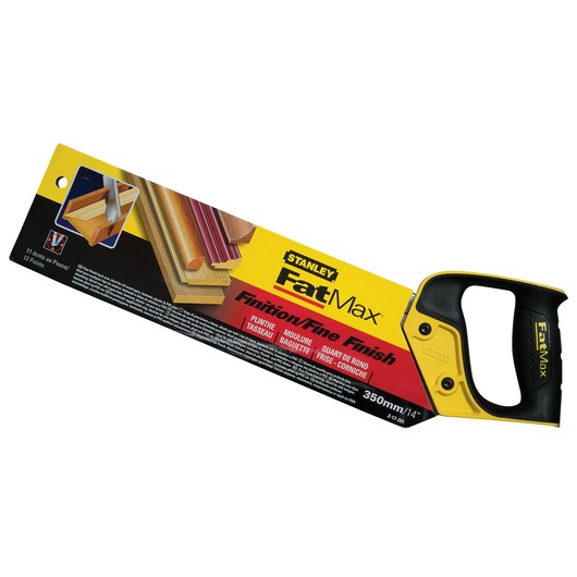 STANLEY 2-17-201 FatMax hand saw, black and yellow handle, fine finish blade, angled product photo.
