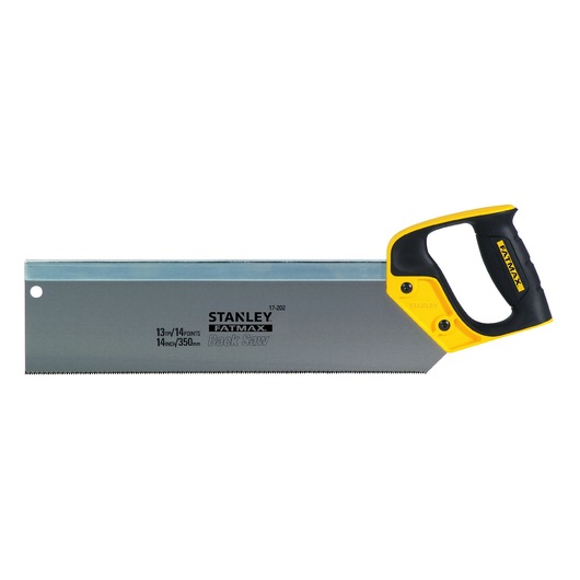 Stanley Fatmax back saw with yellow and black handle and steel blade, suitable for precise woodworking cuts.