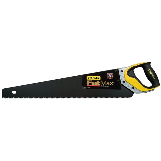 Photo of STANLEY 2-20-530 hand saw, FatMax series, black blade, ergonomic yellow and black handle, side view.