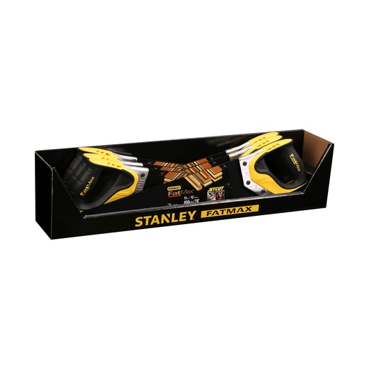 STANLEY 2-20-533 hand saw pair in yellow and black, boxed, side angle photo.