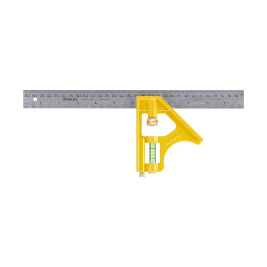 STANLEY 2-46-028 combination square with yellow handle and stainless steel ruler, front angle.