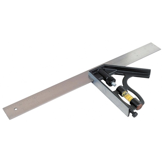 STANLEY 2-46-222 combination square with spirit level, metal ruler, product side view, white background.