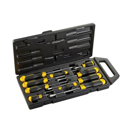 STANLEY 2-65-014 screwdriver set in black case, yellow and black handles, top view on white background.