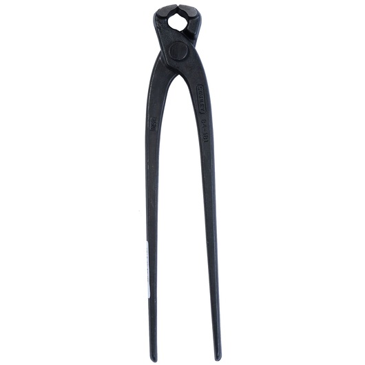 STANLEY 2-84-181 black iron end cutting pliers, photography of tool on white background, front angle.