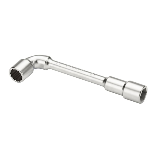 STANLEY 2-86-698 chrome finish L-shaped socket wrench, product photography on white background.