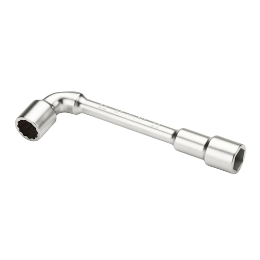 Metal L-shaped socket wrench tool with two hexagonal ends for tightening or loosening nuts and bolts.