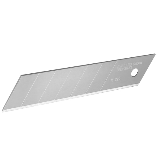 STANLEY 3-11-725 segmented utility knife blade, silver, angled, side view on white background.