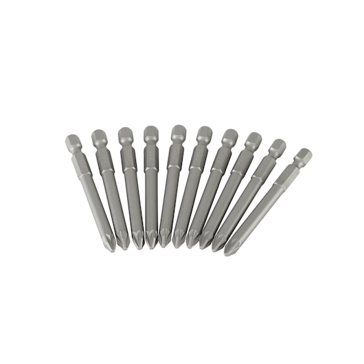 Set of ten Phillips screwdriver bits arranged in a row on a white background.
