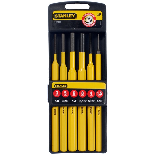 STANLEY 4-18-226 punch set, yellow and black, six pieces in assorted sizes, front view on white background.