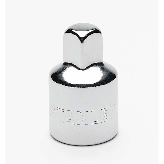 Photo of STANLEY 4-86-414 chrome hand tool socket adapter on white background, brand name engraved on side.