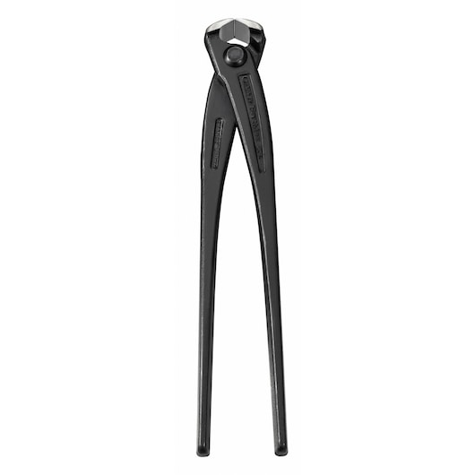Black steel end cutting pliers with long handles, used for cutting wire or nails.