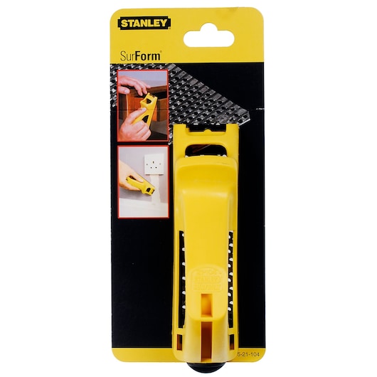 STANLEY 5-21-104 yellow SurForm plane front angle in retail packaging with usage examples shown.