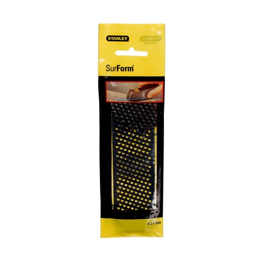 STANLEY 5-21-398 SurForm blade in retail packaging, product photography, front angle, yellow and black design.