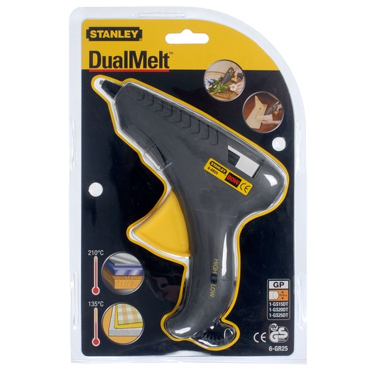 STANLEY 6-GR25 photography of DualMelt glue gun in retail packaging, front angle, black and yellow design.