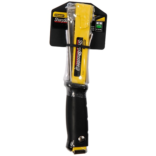 STANLEY 6-PHT150 yellow and black stapler front view, plastic packaging, hand tool category.