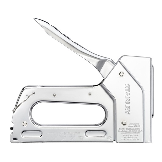 STANLEY 6-TR110 heavy-duty stapler side view, chrome finish, large handle, metal construction, on white background.