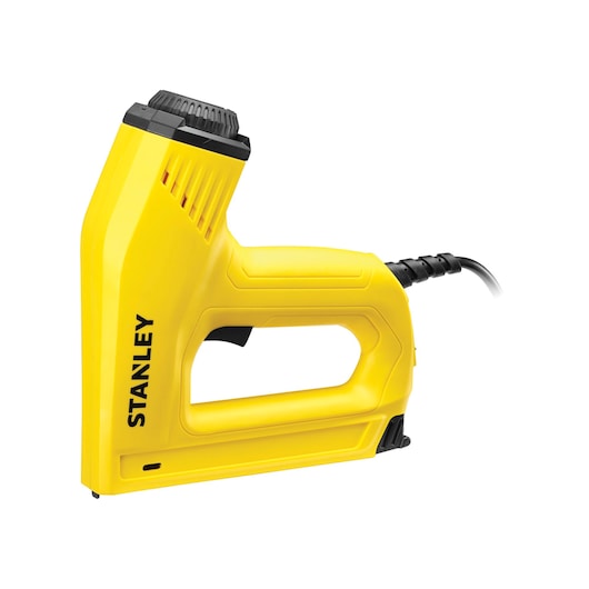 Photo of STANLEY 6-TRE550 yellow electric stapler, side angle, with black adjustment knob and cord.