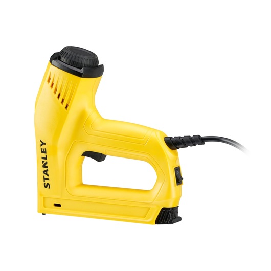 Photo of STANLEY 6-TRE550 yellow electric stapler, side view on white background.