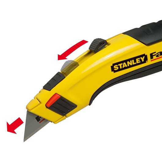 Photo of STANLEY 7-10-778 yellow utility knife with black grip and exposed blade, close-up angle.