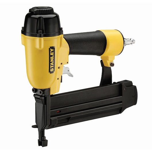 Photo of STANLEY APC-2IN1 pneumatic nailer, yellow and black, front-right angle, tool category.