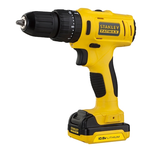 STANLEY FMC021S2 yellow cordless drill front angle, FATMAX branding, 10.8V lithium battery visible.