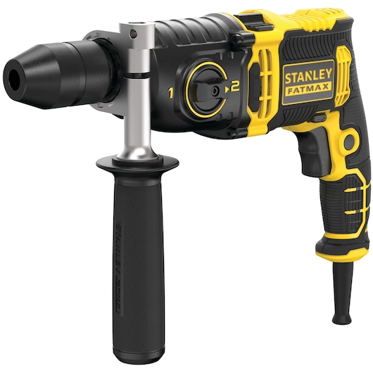 Photo of STANLEY FMEH850K corded rotary hammer drill with side handle, black and yellow, front left angle.