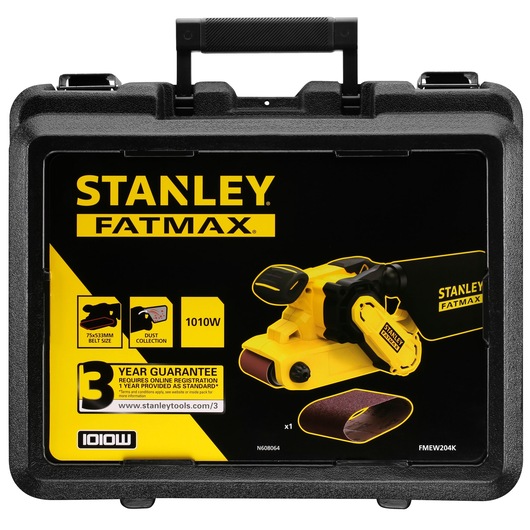 STANLEY FMEW204K-QS belt sander kit case front view with yellow sander and sanding belt illustrated.
