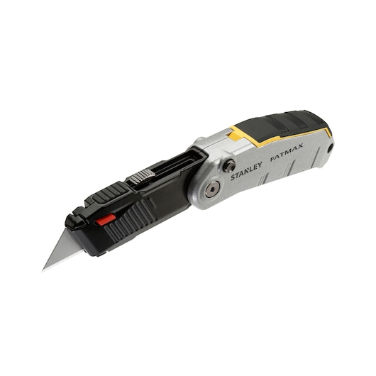 STANLEY FMHT0-10320 folding utility knife, silver and black, side angle on white background.
