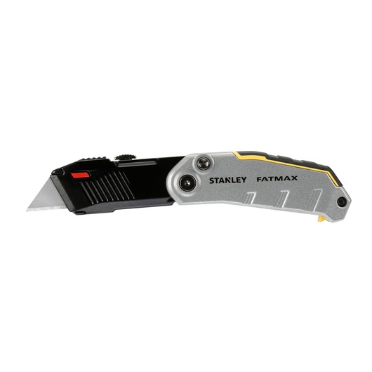 STANLEY FMHT0-10320 utility knife with silver and black handle, FATMAX branding, left side view, on white background.