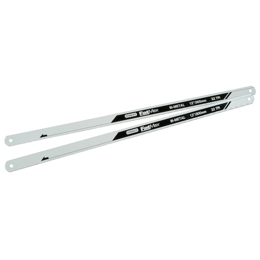 STANLEY FMHT0-20196 bi-metal hacksaw blades, 12 inch, 32 TPI, set of 2, product angle on white background.