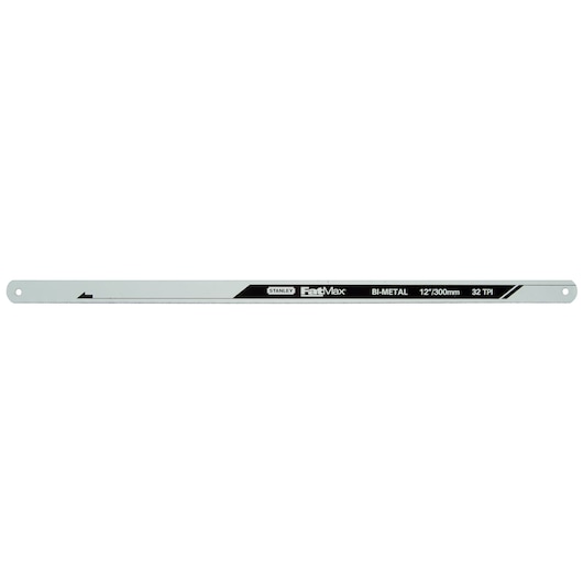 STANLEY FMHT0-20196 bi-metal 12 inch saw blade, black and silver, front angle, product photography.