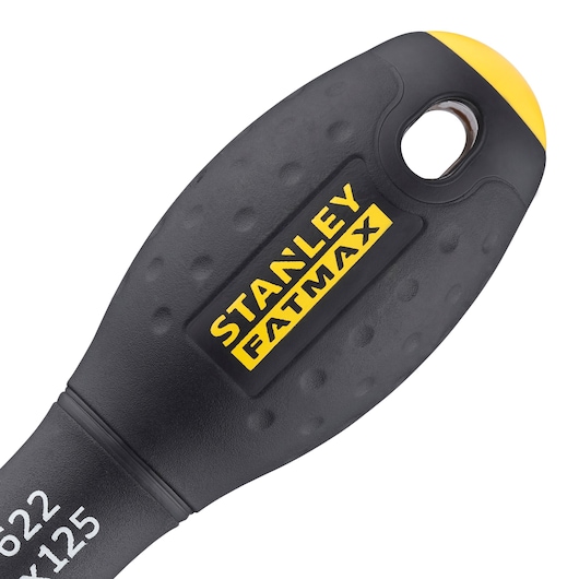 STANLEY FMHT0-62622 screwdriver handle, black with yellow accent, close-up on white background.