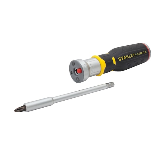 STANLEY FMHT0-62689 ratcheting screwdriver with black and yellow handle, shown with detachable long bit, front angle.