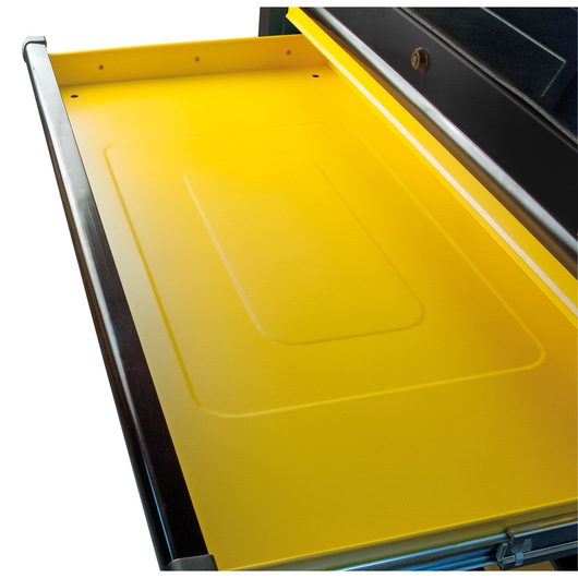 Open yellow metal drawer with a flat surface and raised edge, part of a storage cabinet or tool chest.