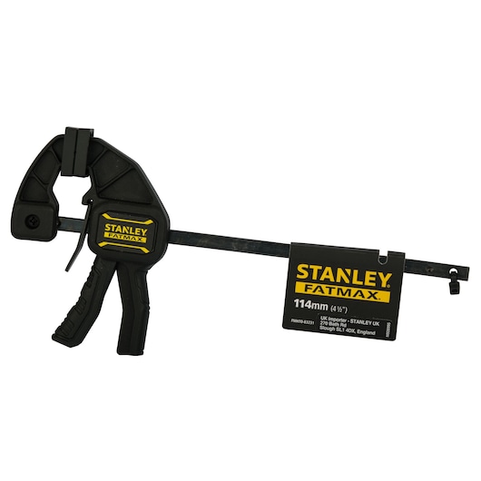 Stanley FMHT0-83231 bar clamp with black and yellow handle, FatMax branding, side angle on white background.