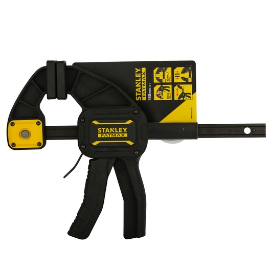 Photo of STANLEY FMHT0-83234 hand clamp, black and yellow, side angle, with ergonomic grip and FatMax branding.