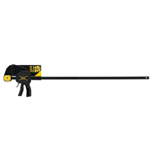 STANLEY FMHT0-83241 photography of black and yellow trigger clamp, side view, on white background.