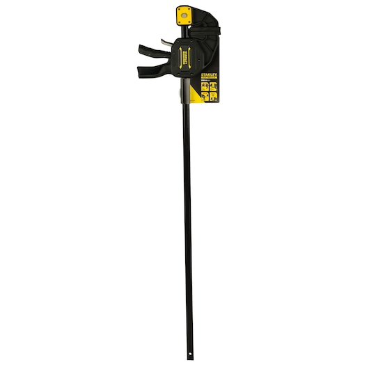 STANLEY FMHT0-83241 bar clamp with black and yellow handle, side angle on white background.