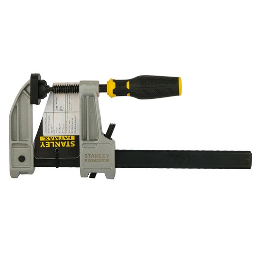STANLEY FMHT0-83244 heavy-duty bar clamp with black and yellow rubber handle, side view on white background.