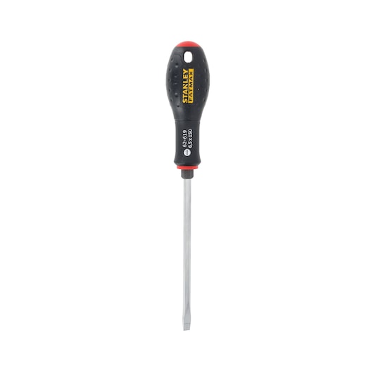 STANLEY FMHT1-62619 slotted screwdriver, black and red handle, front angle on white background.