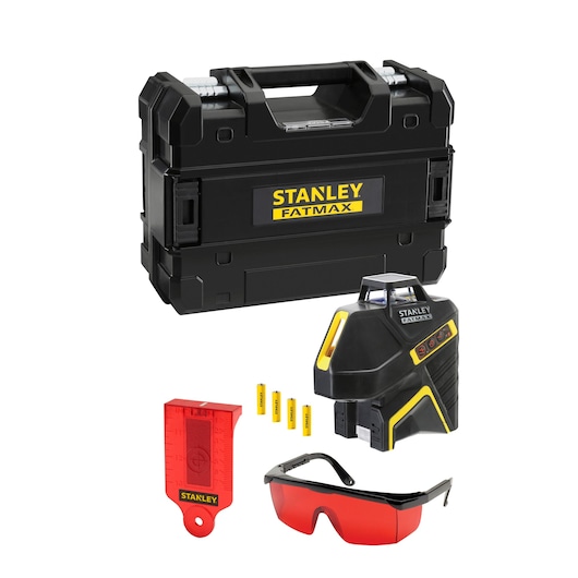 Stanley FatMax laser level kit with case, batteries, red glasses and a red target.