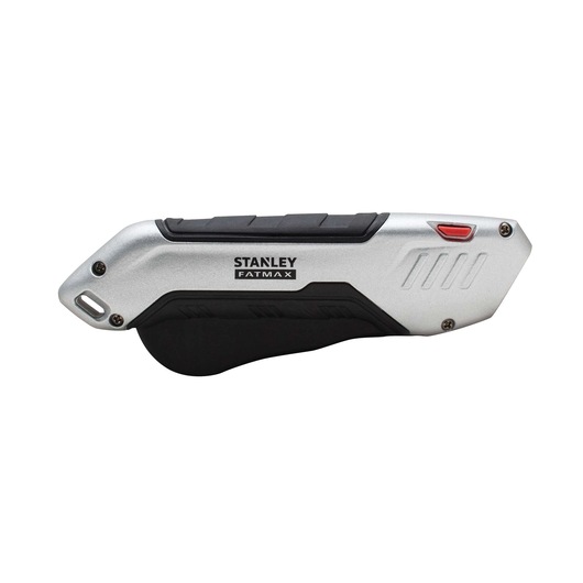 STANLEY FMHT10370-0 folding utility knife, silver and black, left side view on white background.