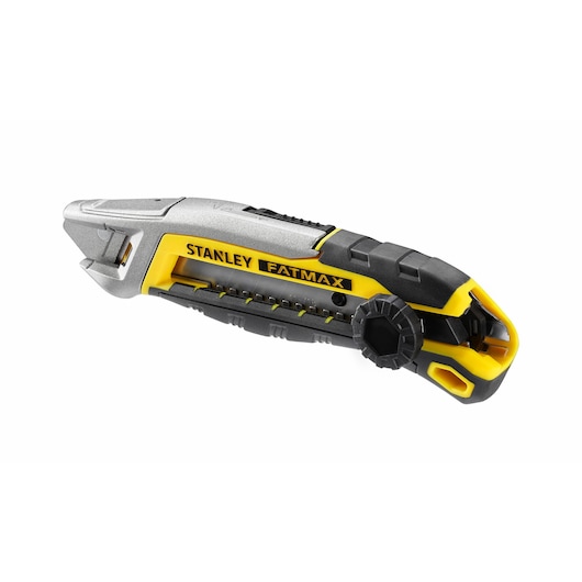 Photo of STANLEY FMHT10592-0 utility knife, yellow and black, side angle, with FATMAX branding, on white background.