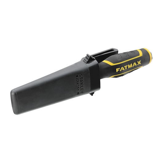 Stanley FatMax hand tool in a black sheath, yellow and black handle, designed for durable professional use.