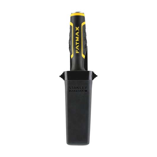 STANLEY FMHT16693-0 chisel with black and yellow handle, shown in black protective sheath, front view.