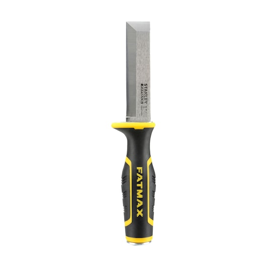 Stanley FatMax chisel with yellow and black handle, sharp steel blade, suitable for woodworking tasks.