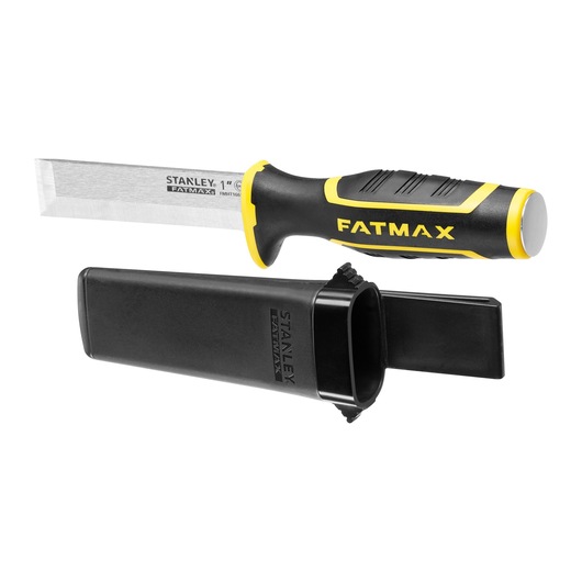 STANLEY FMHT16693-0 chisel with black and yellow ergonomic handle and protective black sheath, side view on white background.