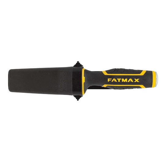 Photo of STANLEY FATMAX FMHT16693 chisel with black and yellow ergonomic handle, side view on white background.