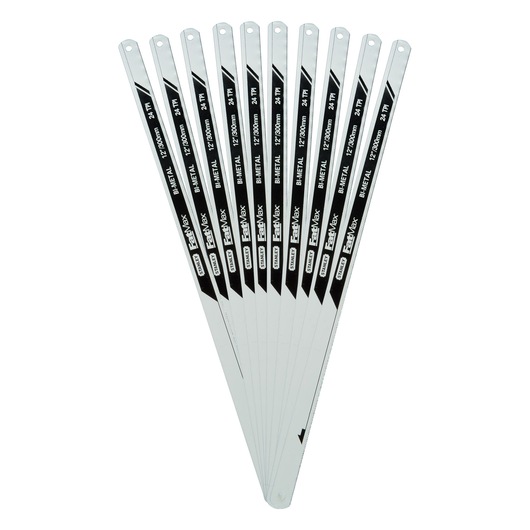 Set of eight STANLEY bi-metal hacksaw blades, 12-inch length, arranged in a fan shape.